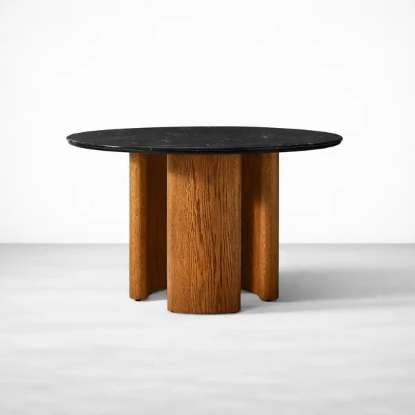 INTERIORZE Obsidia black marble top round dining table front view with teakwood base