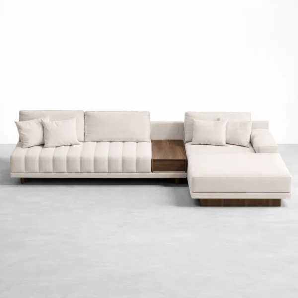Teakwood console L shape sectional sofa in ivory fabric by INTERIORZE front view