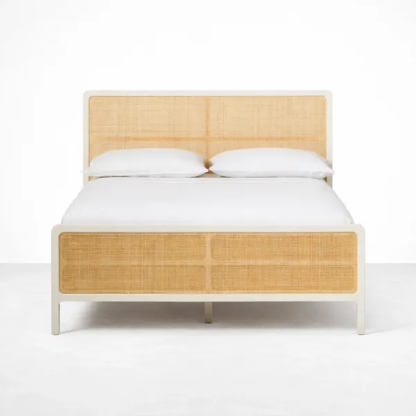 Cane panel bed in ivory with natural cane headboard and footboard by INTERIORZE