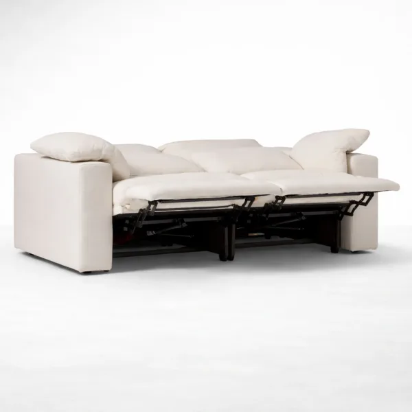 2 seater motorized recliner sofa reclined with footrests extended in pearl white fabric