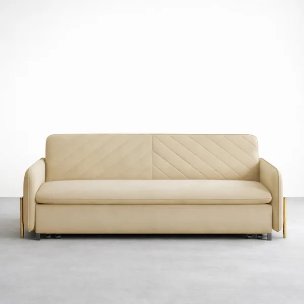 Beige sofa cum bed with storage in sand beige upholstery by INTERIORZE Aurelia