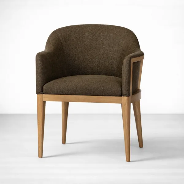 Front view of teakwood upholstered dining chair by INTERIORZE