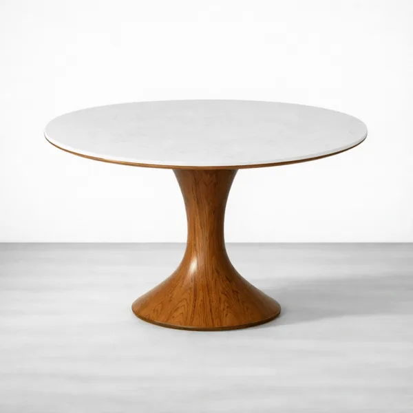 round marble dining table teak pedestal base modern design