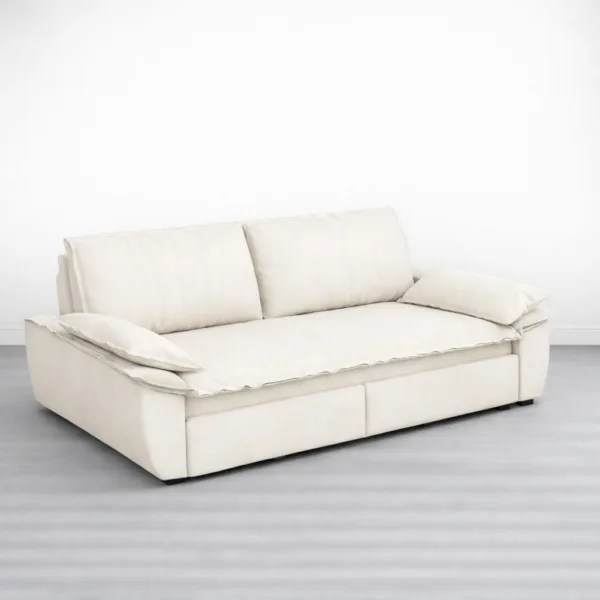 Ivory sofa cum bed side detail with soft arms and premium fabric upholstery