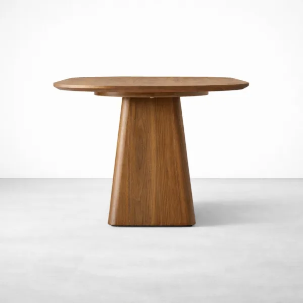 Angled view of Nivora solid teakwood oval dining table with pedestal base