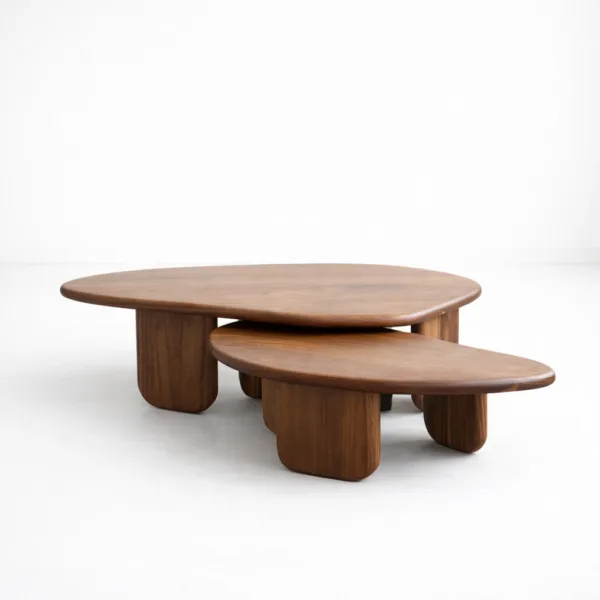 INTERIORZE teakwood nested center table set with organic tops and rounded legs in warm walnut finish