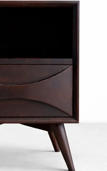 Teakwood bedside table with open shelf and drawer by INTERIORZE