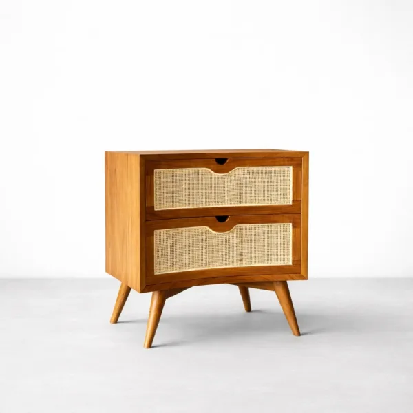 Teakwood cane bedside table with 2 drawers by INTERIORZE