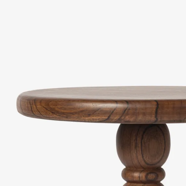 Beaded Spindle teak wood side table by INTERIORZE with round top and turned pedestal base