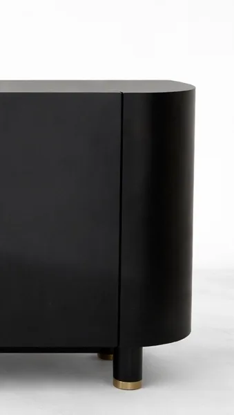 INTERIORZE Noir Curve Teak Wood Sideboard in deep black finish with brass handles