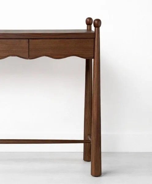 Teak wood study table with 3 drawers and scalloped front detail