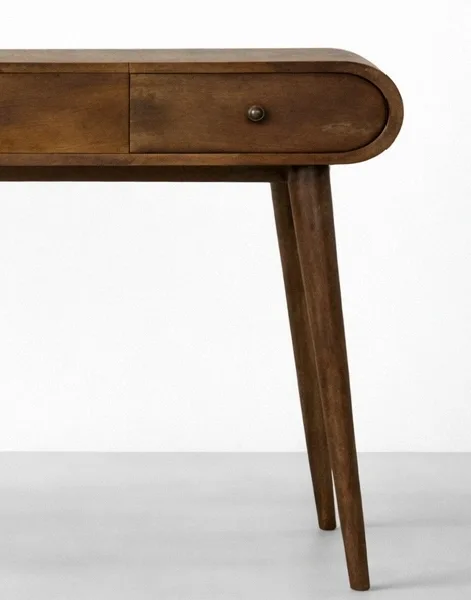Rounded teak wood study table with 3 drawers and tapered legs
