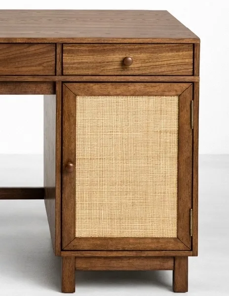 Teak wood study table with cane cabinet
