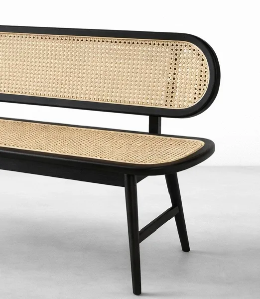 rounded black teak wood cane bench