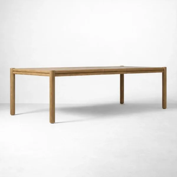 Angled view of INTERIORZE Norvik extendable teakwood dining table solid teakwood extendable dining table