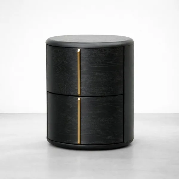 INTERIORZE Aurelle teakwood bedside table in black polish with SS golden handle