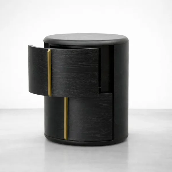 INTERIORZE Aurelle teakwood bedside table in black polish with SS golden handle