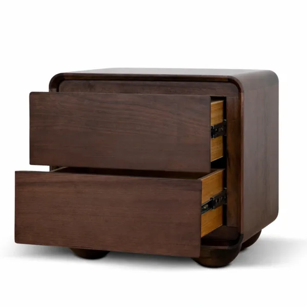 solid teakwood bedside table with two open drawers
