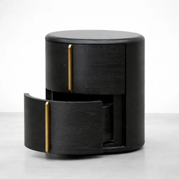 INTERIORZE Aurelle teakwood bedside table in black polish with SS golden handle