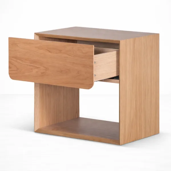 INTERIORZE Elara ashwood bedside table with floating drawer and open shelf in natural finish