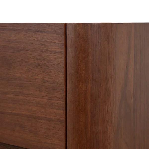 close up of rounded corner detail on solid teakwood bedside table