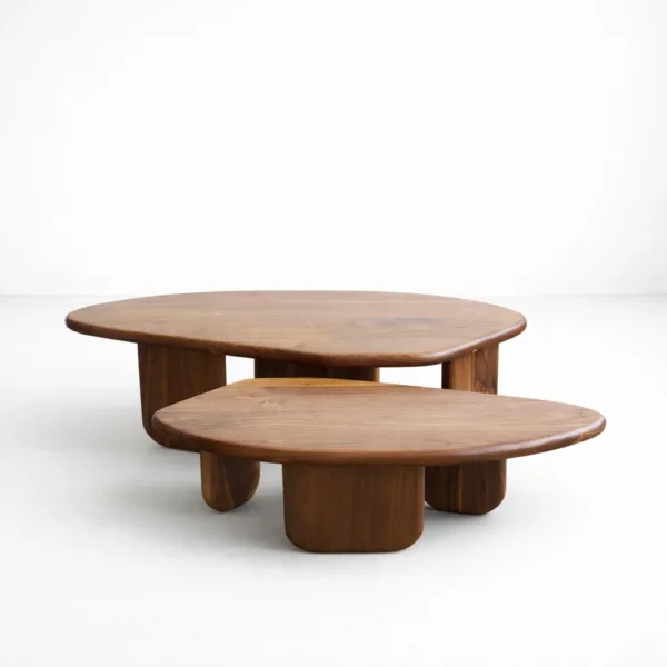 INTERIORZE teakwood nested center table set with organic tops and rounded legs in warm walnut finish