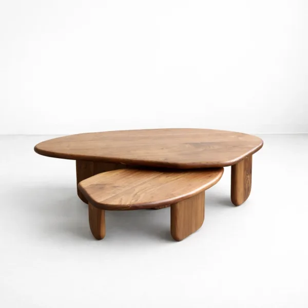 INTERIORZE teakwood nested center table set with organic tops and rounded legs in warm walnut finish teakwood center table