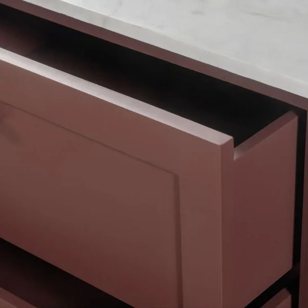 INTERIORZE Carmine Marble Top Teak Wood Sideboard drawer detail with painted frame and marble-look top