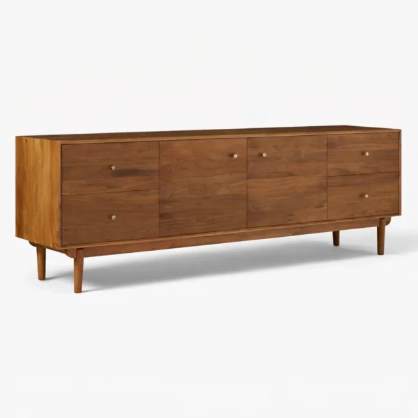 Horizon Panel teak wood media console by INTERIORZE with drawers, center cabinet doors, and tapered legs