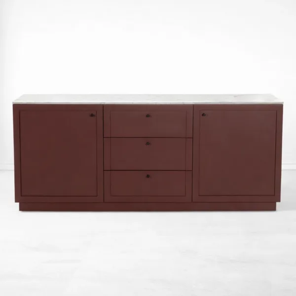 INTERIORZE Carmine Marble Top Teak Wood Sideboard front view with 3 drawers and 2 side cabinets