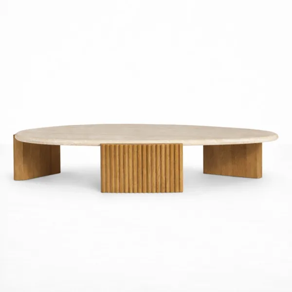 INTERIORZE teakwood marble top oval centre table for modern living room