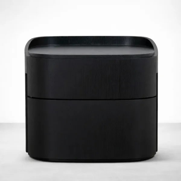 front view of black teakwood curved bedside table with 2 drawers