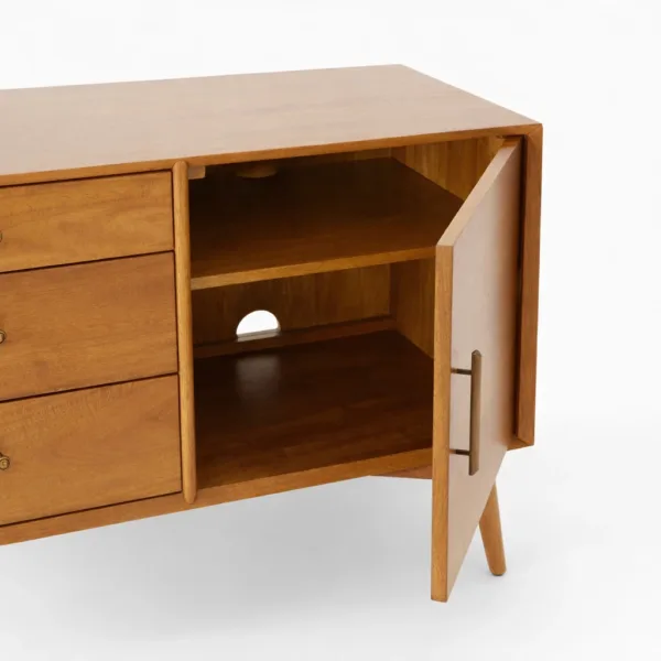 Close-up of the cabinet interior and shelf detail of the Studio Drawer teak wood media console by INTERIORZE