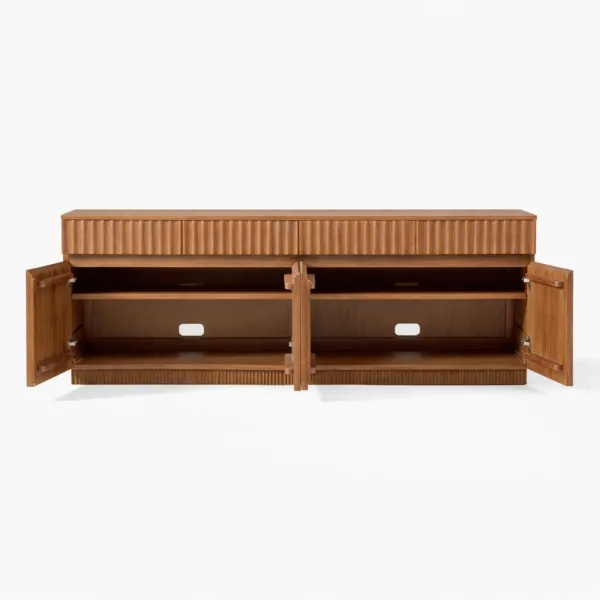Open view of the Ridge Line teak wood media console showing internal shelves and cable access