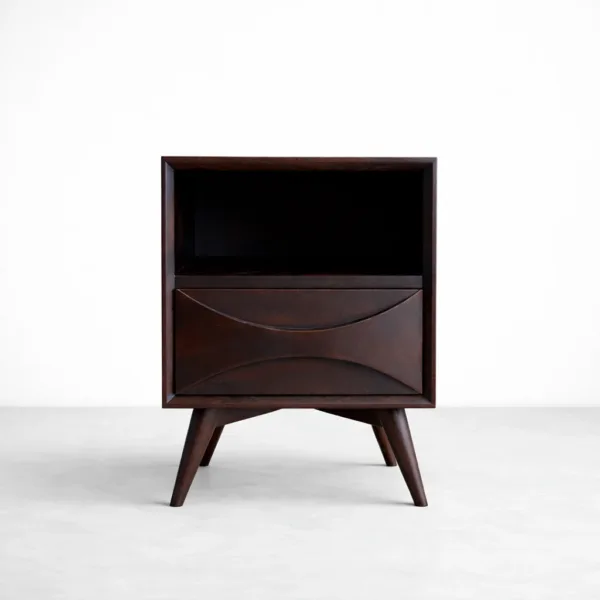 Teakwood bedside table with open shelf and drawer by INTERIORZE