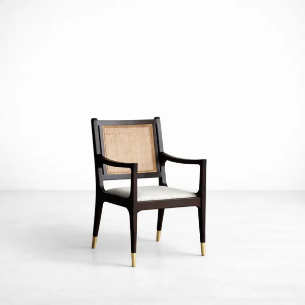 INTERIORZE Aureli teakwood cane back arm chair with ivory upholstered seat and dark wood finish