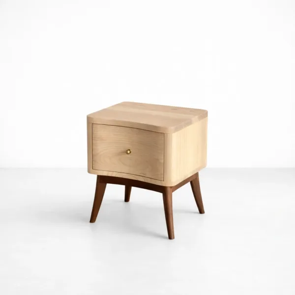 Ashwood bedside table with teakwood legs and single drawer by INTERIORZE
