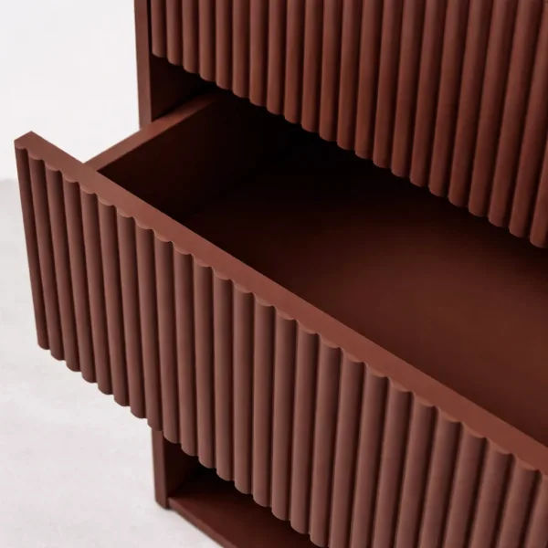 INTERIORZE teak wood chest of drawers with fluted front and open lower storage in walnut brown finish