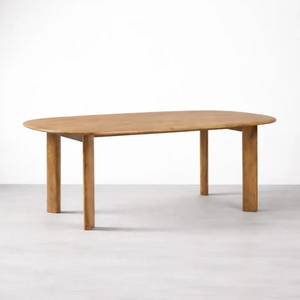 Angled view of INTERIORZE Avelon solid teakwood oval dining table