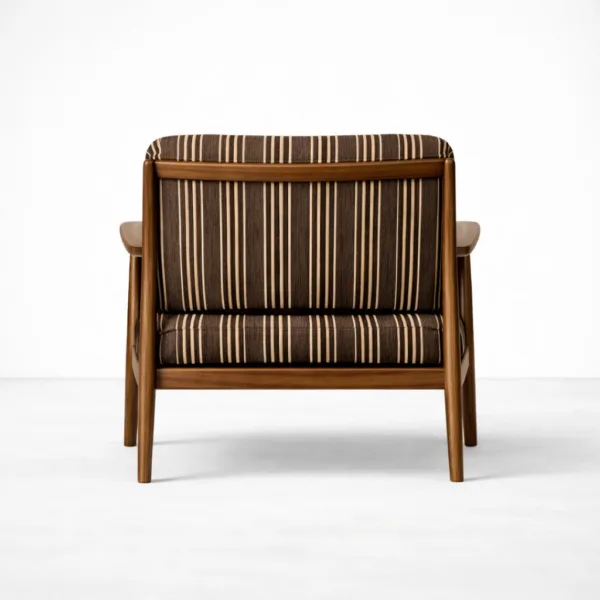 Back view of teakwood frame arm chair with striped fabric upholstery