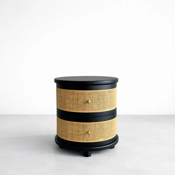 Teakwood cane bedside table with round shape and 2 drawers by INTERIORZE