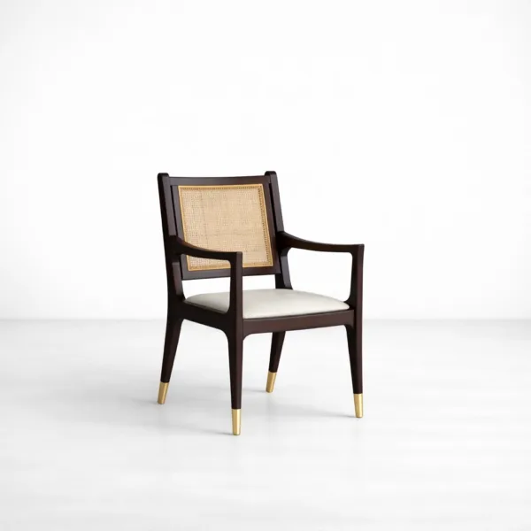 INTERIORZE Aureli teakwood cane back arm chair with ivory upholstered seat and dark wood finish
