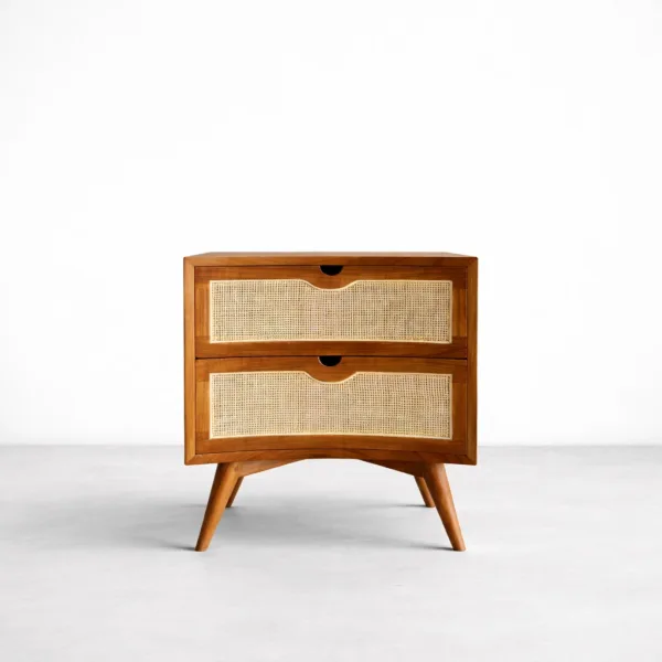 Teakwood cane bedside table with 2 drawers by INTERIORZE