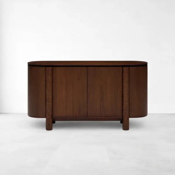 INTERIORZE Solaro Ribbed Curve Teak Wood Sideboard angled view in warm walnut brown polish