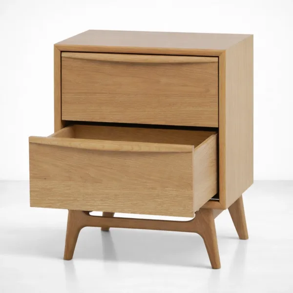 INTERIORZE Orwen ash wood bedside table with two drawers and curved drawer front in natural finish