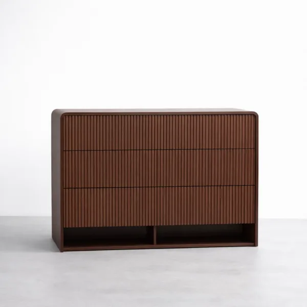 close-up of rounded edge and fluted front on INTERIORZE teak wood chest of drawers