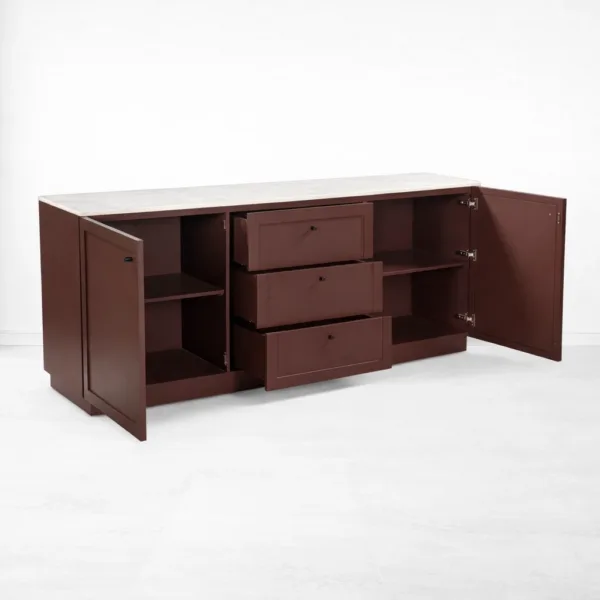 INTERIORZE Carmine Marble Top Teak Wood Sideboard open view with drawers and shelf storage