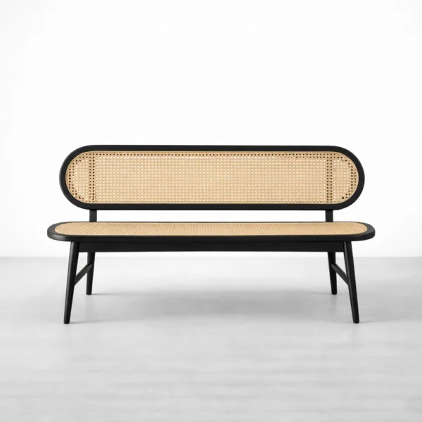 rounded black teak wood cane bench
