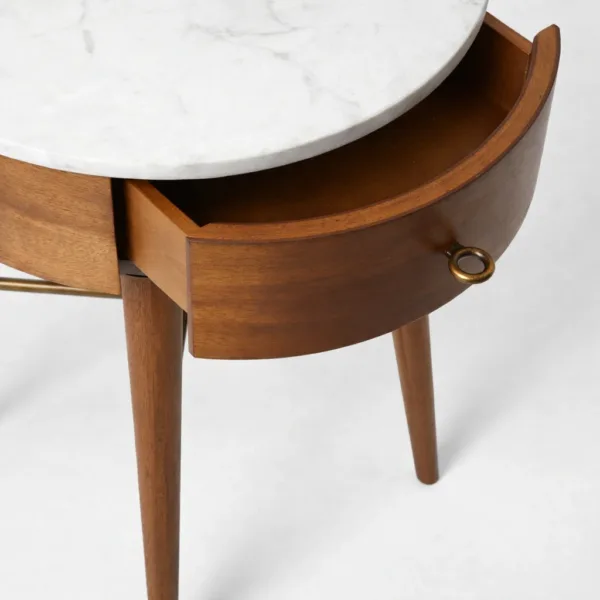close up of drawer on teakwood marble top bedside table