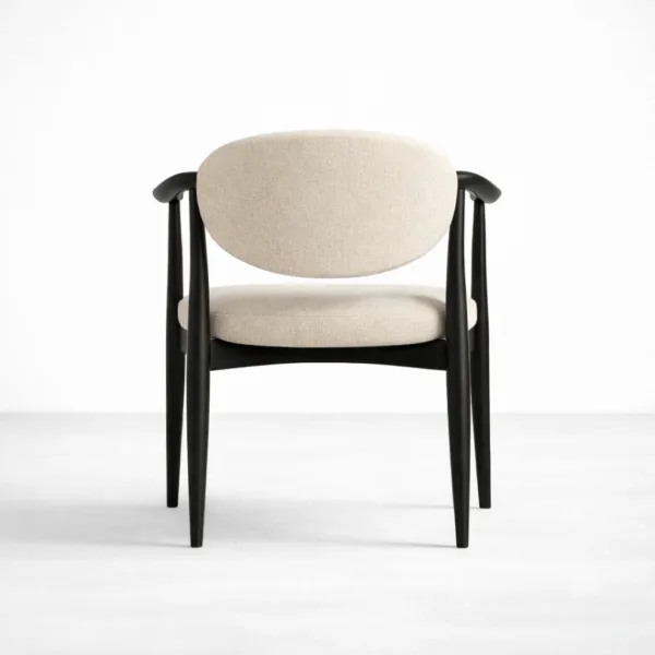Back view of black teakwood frame chair with white upholstered backrest
